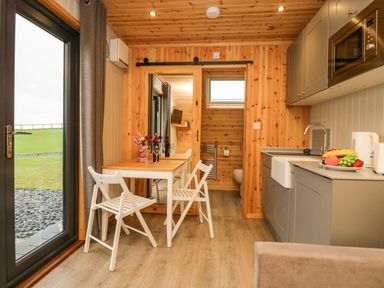 A small kitchen and dining area with wooden walls and ceiling a sliding door leading to a bathroom and a glass door showing outside at Orchard in Dalton-In-Furness