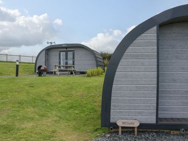 Two curved wooden cabins with a picnic table and a fire pit on a grassy area at Orchard in Dalton-In-Furness