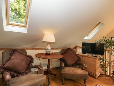 A sitting area with two armchairs a wooden table with a lamp a wooden cabinet with a television and skylights at The Barn at Westhall Cottage Fulbrook near Burford