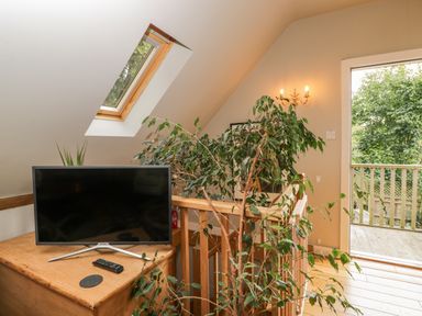 A hallway with a TV on a wooden chest and a plant near a staircase with a door opening to a balcony at The Barn at Westhall Cottage Fulbrook near Burford