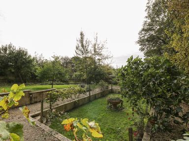 A garden with grass, trees, a gravel path, and a large planter at The Barn at Westhall Cottage in Fulbrook near Burford