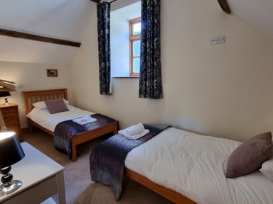 A bedroom with two single beds and a nightstand at Hay Store in Corwen