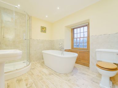 A bathroom with a freestanding bathtub shower enclosure toilet with wooden seat and a window at The Druids in Druid near Corwen