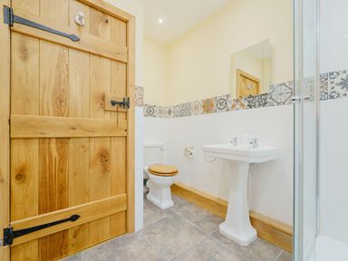 A bathroom with a wooden door a toilet a pedestal sink a mirror and a tiled shower at The Druids in Druid near Corwen
