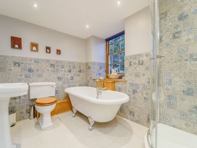 A bathroom with a freestanding bathtub toilet sink shower and tiled walls at The Druids in Druid near Corwen