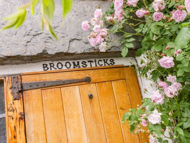 A wooden door with metal hinge surrounded by pink flowers and green leaves at The Druids in Druid near Corwen