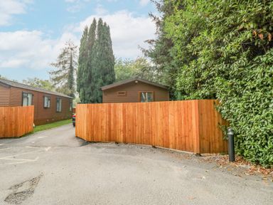 An outdoor area with wooden fences a brown building and tall trees at Willows Lodge in White Cross Bay near Windermere
