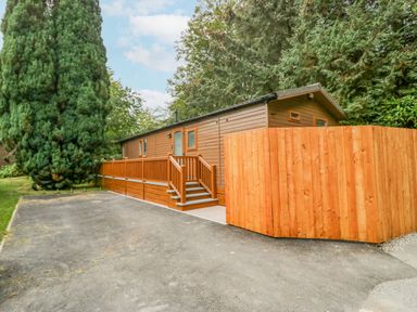 A single story wooden cabin with a ramp and steps surrounded by trees and a wooden fence at Willows Lodge in White Cross Bay near Windermere