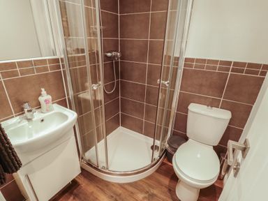A bathroom with a shower and sink at Willows Lodge near White Cross Bay, near Windermere
