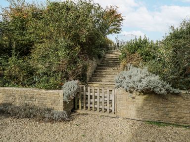 A staircase surrounded by bushes and plants at The Old Hall in Tetbury