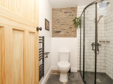 A bathroom with a toilet a glass shower enclosure a stone feature wall and a towel rack at The Wonky Burrow in Bowness-On-Windermere