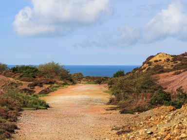A dirt path surrounded by bushes and rocky hills with the ocean in the background at Caerdegog Ganol Cemlyn near Cemaes Bay