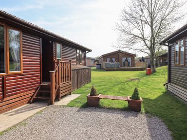 A grassy area with wooden cabins a bench with planters and a tree at Our Happy Place Lakeside 16 Borwick near Carnforth