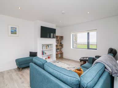 A living room with a blue sofa a wall-mounted TV bookshelves and a window overlooking a lawn and water at Old Field House in Slade near Fethard-On-Sea County Wexford