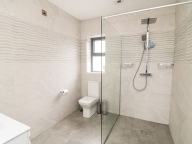 A bathroom with a toilet a glass-enclosed shower and a window at Old Field House in Slade near Fethard-On-Sea County Wexford