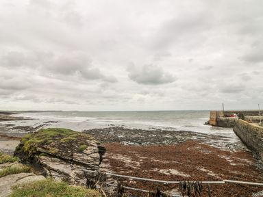 A rocky coastline with seaweed near a stone pier at Old Field House Slade near Fethard-On-Sea County Wexford