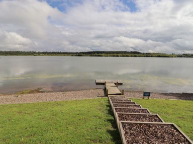 A small wooden jetty on a lake with grass and steps leading down to it at 40 Delamere Point in Delamere