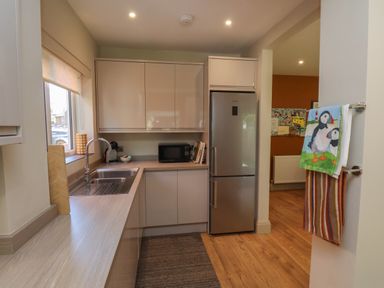 A kitchen with a countertop, sink, microwave, coffee machine, fridge, and towels hanging on the door at North Bay Cottage in Bridlington