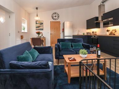 A living area with two blue sofas green pillows a wooden coffee table with wine glasses and a plant a kitchen with black cabinets and a wooden dining table with chairs at Robins Nest in Pocklington