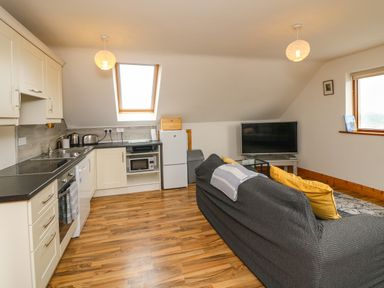 A kitchen and living area with a sofa, television, refrigerator, microwave, and wooden floor at Old Field Hideaway in Slade near Fethard-On-Sea County Wexford