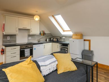 A kitchen with white cabinets and appliances and a gray couch with yellow pillows at Old Field Hideaway Slade near Fethard-On-Sea County Wexford
