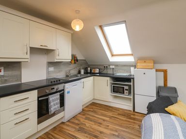 A kitchen with white cabinets black countertops a stove dishwasher microwave and refrigerator under a skylight at Old Field Hideaway in Slade near Fethard-On-Sea County Wexford