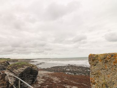 A rocky coastline with seaweed and waves under a cloudy sky at Old Field Hideaway in Slade near Fethard-On-Sea County Wexford