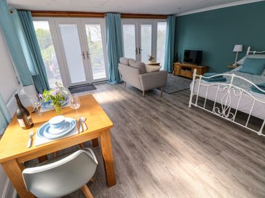 A studio room with a wooden dining table set for two a grey sofa a white metal bed and a TV on a wooden stand at Tower Cottage Near Pembroke