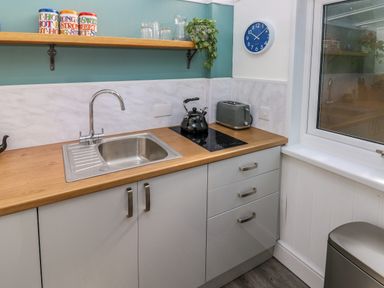 A kitchen counter with a sink kettle toaster shelf with jars and plant and a blue clock on the wall at Tower Cottage Near Pembroke