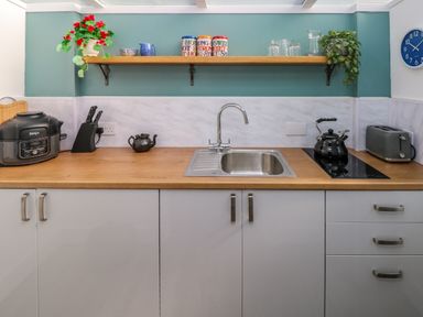 A kitchen counter with a sink kettle toaster knives and appliances with a wooden shelf and plants at Tower Cottage Near Pembroke
