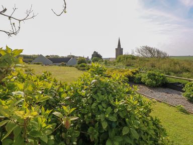 A garden with bushes and grass with houses and a church spire in the background at Tower Cottage near Pembroke