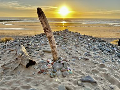 A beach with stones and driftwood at sunset at Tower Cottage Near Pembroke