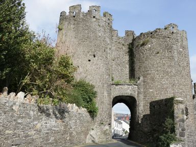 A stone castle gate with archway and circular towers with some greenery and a street visible beyond at Ty Potiwr in Conwy