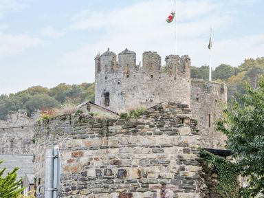 A stone castle with battlements and flags on poles with trees in the background at Ty Potiwr in Conwy