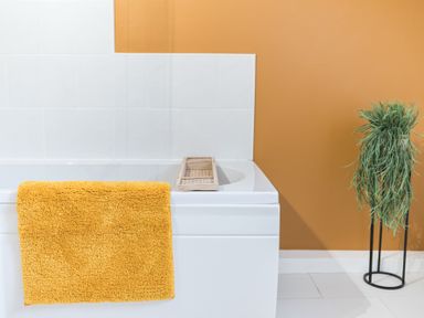 A white bathtub with a yellow towel hanging on the side and a green plant in a black stand against an orange wall at 8 Corkickle in Whitehaven