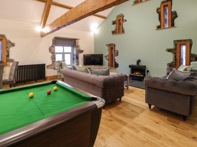 A living room with a pool table two gray sofas a TV and a small stove at The Barn by Lyons in Talybont near Barmouth