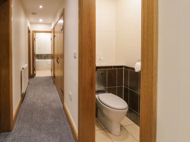 A hallway with carpet and wooden doors leading to a bathroom and a separate toilet at The Barn by Lyons in Talybont near Barmouth
