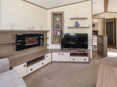 A living room with a television and electric fireplace at 7 The Oaks in Long Preston near Hellifield