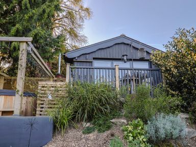 A cabin with a deck and plants in front at Sir George Baker Cabin in Uplyme