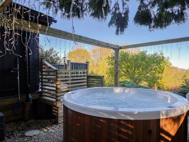 A hot tub on a wooden deck with trees in the background at Sir George Baker Cabin in Uplyme
