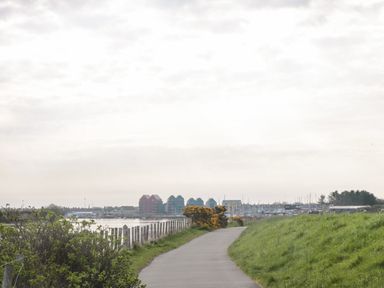 A paved path bordered by a wooden fence and bushes leading to buildings near water at 18 Acklington Road in Amble