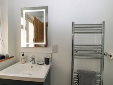A bathroom sink with soap dispenser and cup beside an illuminated mirror and heated towel rack with a towel at Keepers Barn in Bromyard