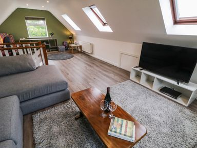 A living room with a gray sofa wooden coffee table with wine bottle and glasses a television and a green accent wall at Shore Road in Culdaff County Donegal