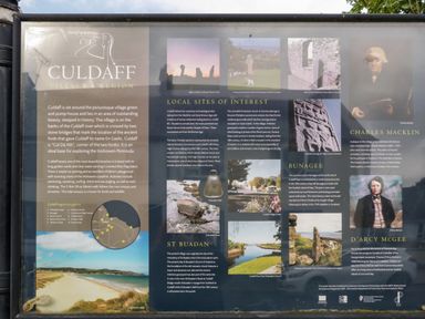 An information board about Culdaff village and region with local sites of interest historical facts and notable people at Shore Road in Culdaff County Donegal