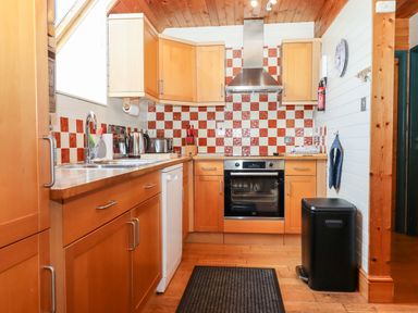 A kitchen with wooden cabinets a stainless steel oven a black trash bin and red and white tiled backsplash at Trout River Retreat Clifford Bridge near Moretonhampstead
