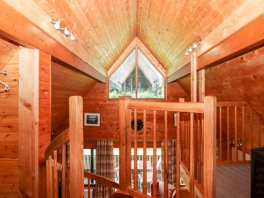 An interior view of a wooden cabin with a staircase railing leading down and a triangular window showing trees at Trout River Retreat Clifford Bridge near Moretonhampstead