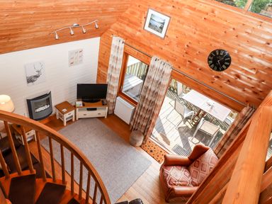 A living room with a television fireplace chair and spiral staircase at Trout River Retreat Clifford Bridge near Moretonhampstead