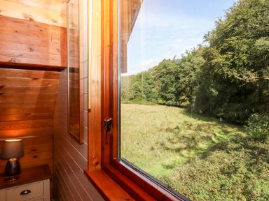 A wooden interior room with a nightstand and lamp next to a window overlooking a grassy field and trees at Trout River Retreat in Clifford Bridge near Moretonhampstead
