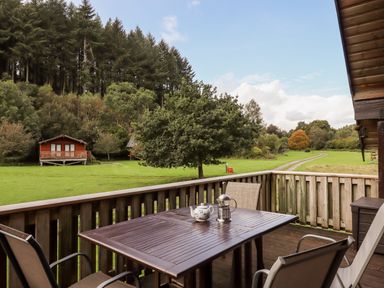 A wooden deck with a table and chairs overlooking a grassy area with trees and wooden cabins at Trout River Retreat Clifford Bridge near Moretonhampstead