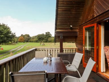 A wooden deck with a table and chairs overlooking a grassy field with trees at Trout River Retreat in Clifford Bridge near Moretonhampstead